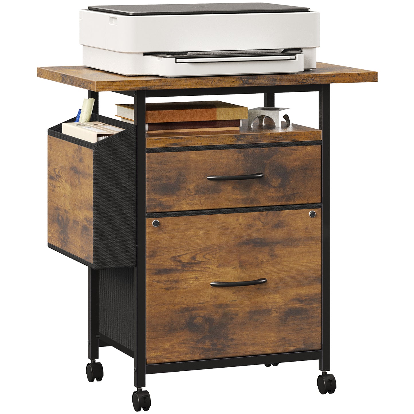 Rollable Filing Cabinet, Equipped With Drawers And Storage Shelves, Printer Placement Area, Size Suitable For A4 Paper Size