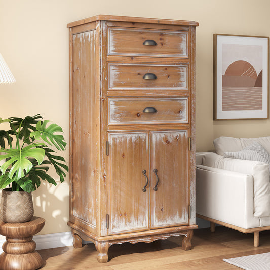 Rustic Wooden Storage Cabinet With Decorative Cutout Door & 3 Drawers, Tall Narrow Organizer For Living Room, Bedroom Natural Wood