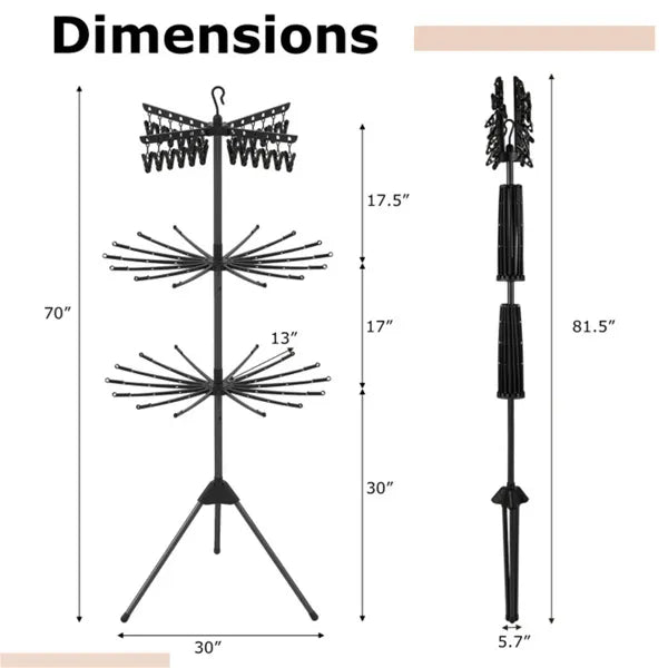 3-Tier Foldable Tripod Clothes Drying Rack With 24 Clips & 32 Rods, 70" Space Saving Laundry Dryer
