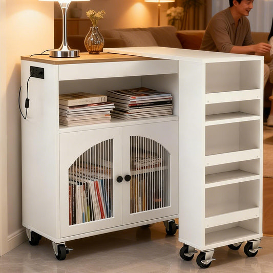 Kitchen Island On Wheels With Extended Table MDF Rolling Kitchen Storage Cart With LED Light Power Outlets 2 Fluted Glass Doors Side 3 Open Shelves White US Plug