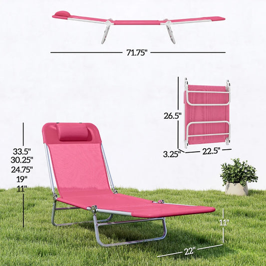 Folding Chaise Lounge Chair, Portable Tanning Chair With Adjustable Backrest, Pillow  For Camping Trips, Relaxing Poolside