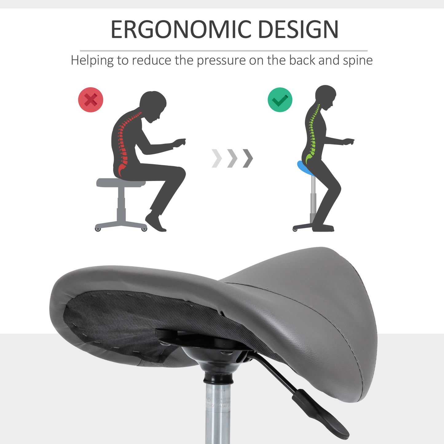 Rolling Saddle Stool Ergonomic PU Leather Height Adjustable Hydraulic Spa Chair Grey