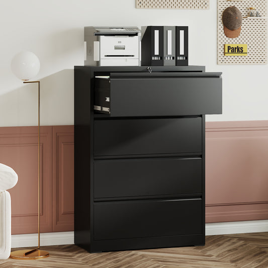 4 Drawer Lateral File Cabinet, Heavy Duty Metal Filing Cabinet, 35.4 Inch Wide Locking File Cabinet For Home Office, Space-Saving Vertical Storage With Anti-Tip Interlock, For Letter Legal A4 Files