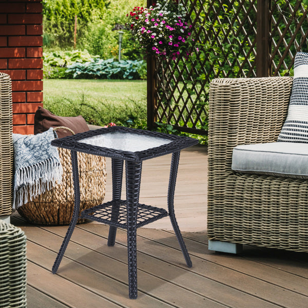 Patterned Glass Surface, Black Rattan, Woven Rattan Edge Side Table, N001