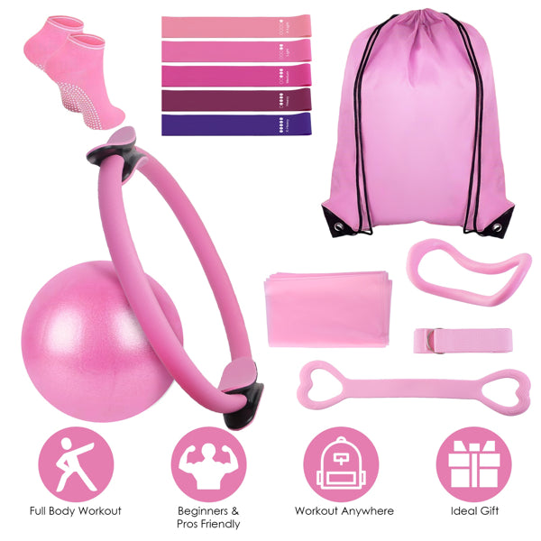 14Pcs All-in-One Pilates Kit, Pilates Ring Yoga Ball Resistance Bands Set With Carry Bag, Full Body Workout Equipment For Home Gym Travel