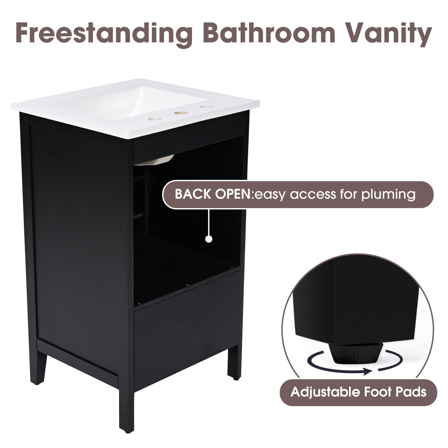 20 Bathroom Vanity With Sink, Bathroom Cabinet With A Door, Door Shelf Storage And Adiustable Foot Pads, A Drawer, Black