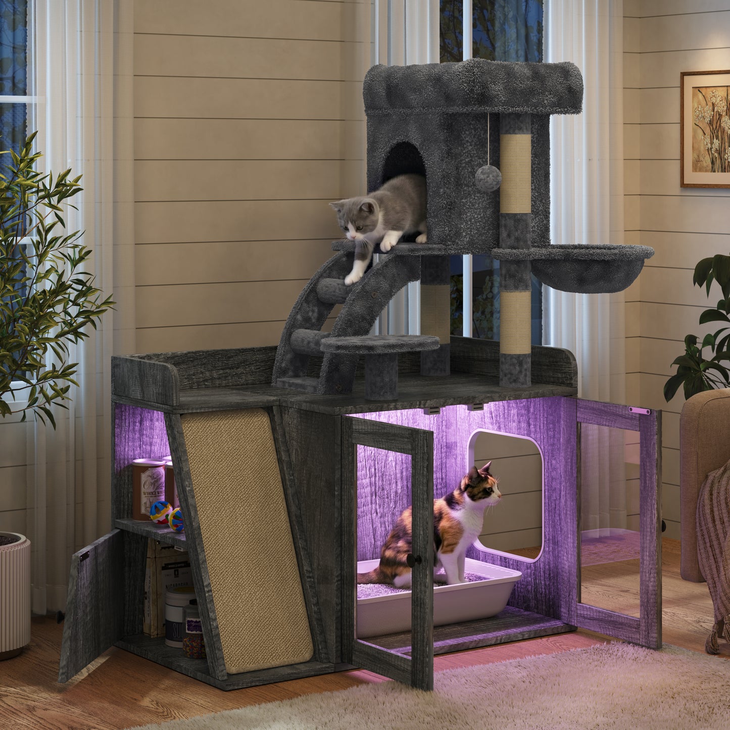 Litter Box Enclosure With Cat Tree, Hidden Litter Box With LED Light, Sisal Scratching Board And Storage Space, Modular  Litter Box Furniture With Condo And Platform, All-in-one Cat Tower,Grey