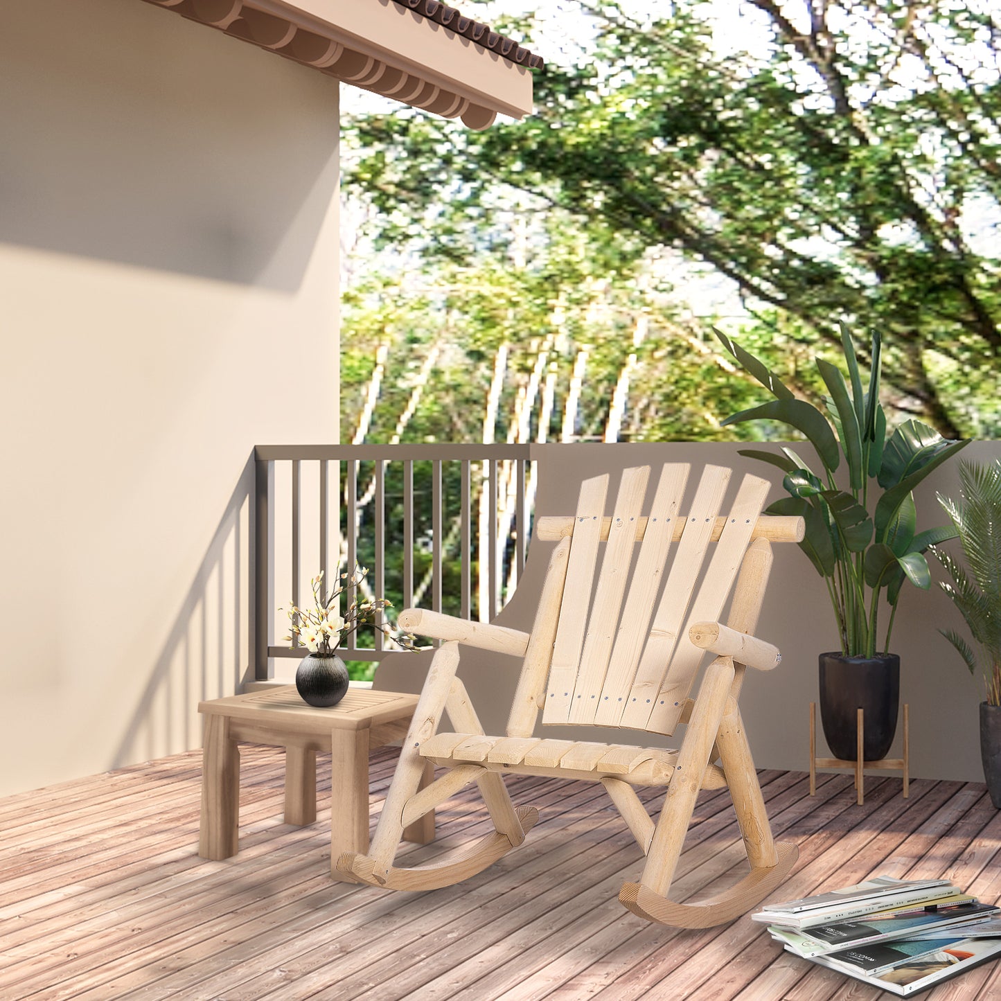 Outdoor Wooden Rocking Chair, Single-Person Rustic Adirondack Rocker With Slatted Seat, High Backrest, Armrests For Patio, Garden And Porch, Natural