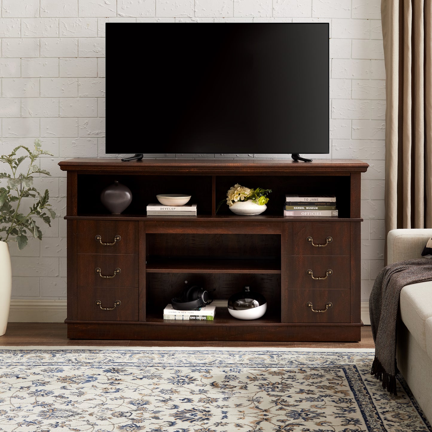 Retro TV Stand With Storage For TVs Up To 65  , Mid Century Modern TV Stand & Entertainment Center With Shelf,TV Stand For Media,TV Console Table For Living Room Espresso 60 Wx15.75 Dx34.25 H