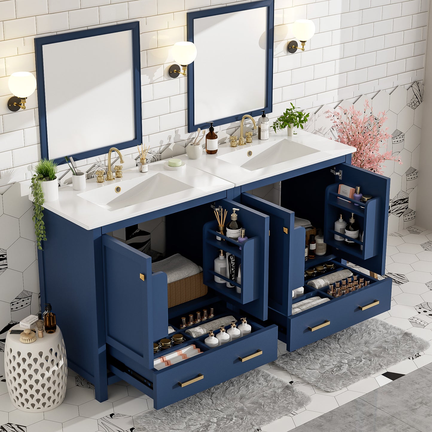60  Blue Bathroom Vanity Set With Double Vanities  Separate , Double Ceramic Sinks, Storage Shelf, And Divided Drawers   Mirror Not Included  Modern Bathroom Solution For Spacious Bathrooms