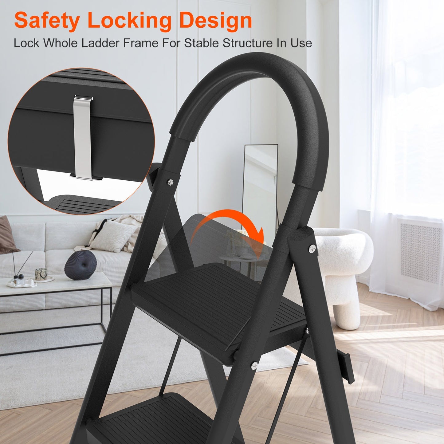 1Pc 3Step Foldable Ladder With Wide Anti-Slip Pedal Safety Locking Design Soft Handgrip Portable Lightweight Folding Step Stool 330LBS Load Capacity For Household Kitchen Office