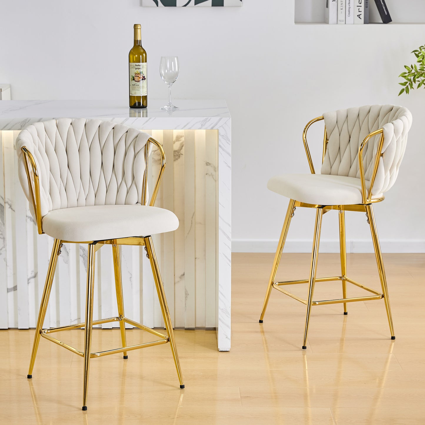 Set Of 2 Modern Velvet Braided Bar Stool With Metal Frame, Upholstered Counter Height Stool With Woven Rope Backrest For Kitchen Island, Home Bar Or Dining Area -Beige