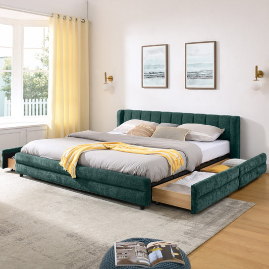King Size Upholstered Bed Frame With Thick Fabric, Comfortable Upholstered Bed Frame, Chenille Fabric, With Headboard And Solid Bed Frame. With Drawer For Storage--Blue Green86.5 X84x 29.5