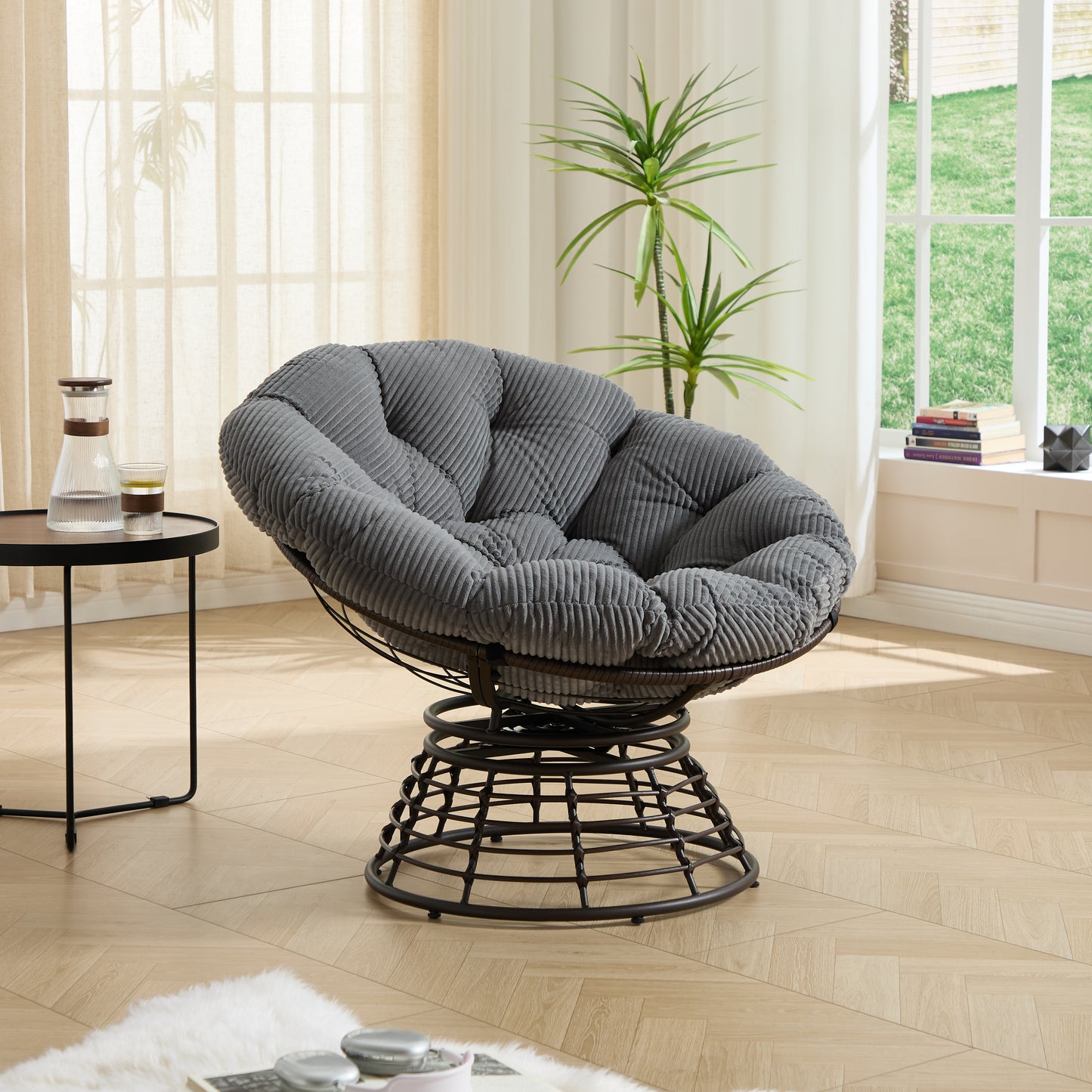 Comfortable Ergonomic Wicker Papasan Chair, 360 Swivel Indoor Outdoor Rattan Chair With Soft Thick Cushion, Ideal For Living Room, Bedroom, Reading Room, Brown Frame With Grey Cushion