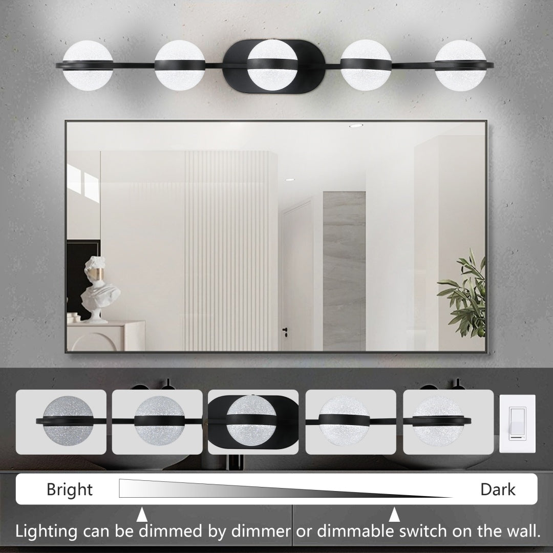 Modern Minimalist Bathroom Vanity Light, LED 5 Bulb Frosted Glass Shades, Wall Mounted Decorative Lighting Fixture, Suitable For Bathroom Vanity Mirror  Black
