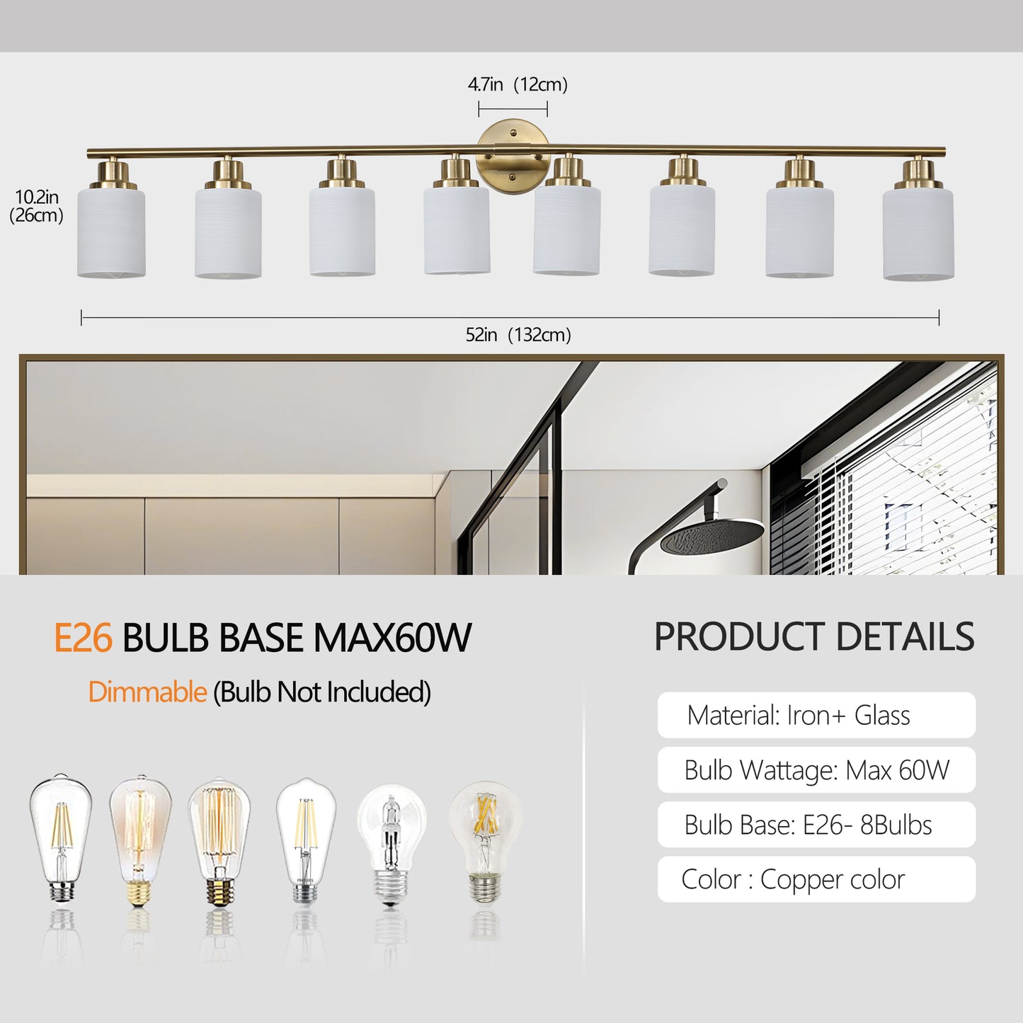 52  Modern 8-Light Vanity Wall Sconce, Golden Finish With Frosted Glass Shades For Bathroom Or Hallway Lighting  No Bulbs