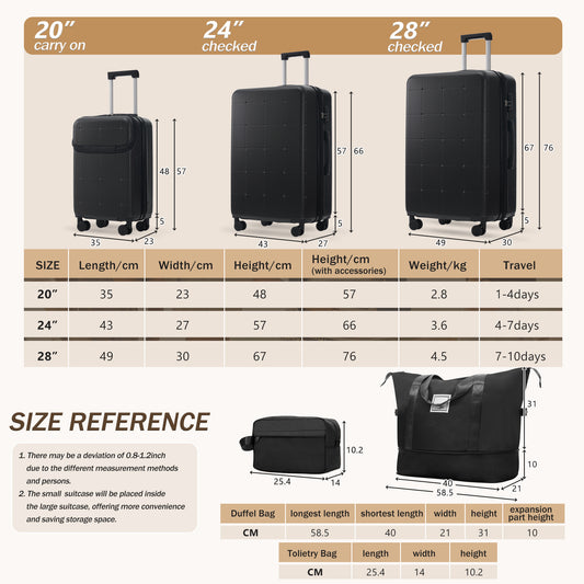 Hardside Luggage Set 5 Piece With Bags,20IN Half-opening Carry On Luggage With USB Port, Expandable 24IN 28IN Luggage With Double Spinner Wheels TSA Lock