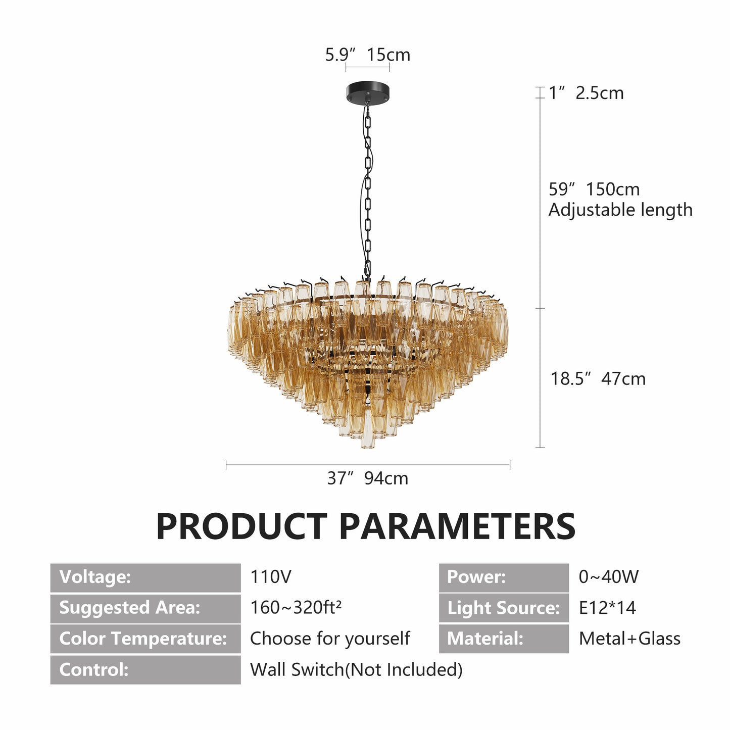 Modern Round Chandelier, 37 Extra Large Black Chandeliers For Dining Room, 14-Light With Tiered Smoke Glass Tubes Ceiling Light, Pendant Lighting Fixture For Living Room Bedroom Kitchen Island