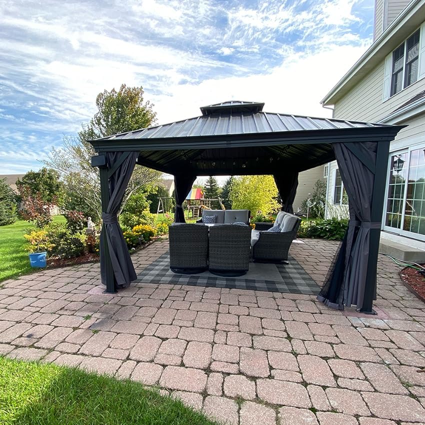 12 X12  Hardtop Gazebo Canopy,Outdoor Aluminum Gazebo With Galvanized Steel Double Roof,Permanent Gazebos With Drainage System,Curtain And Netting Included,Grey