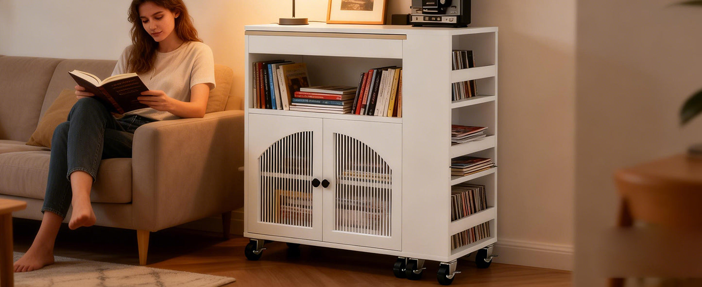 Kitchen Island On Wheels With Extended Table MDF Rolling Kitchen Storage Cart With LED Light Power Outlets 2 Fluted Glass Doors Side 3 Open Shelves White US Plug