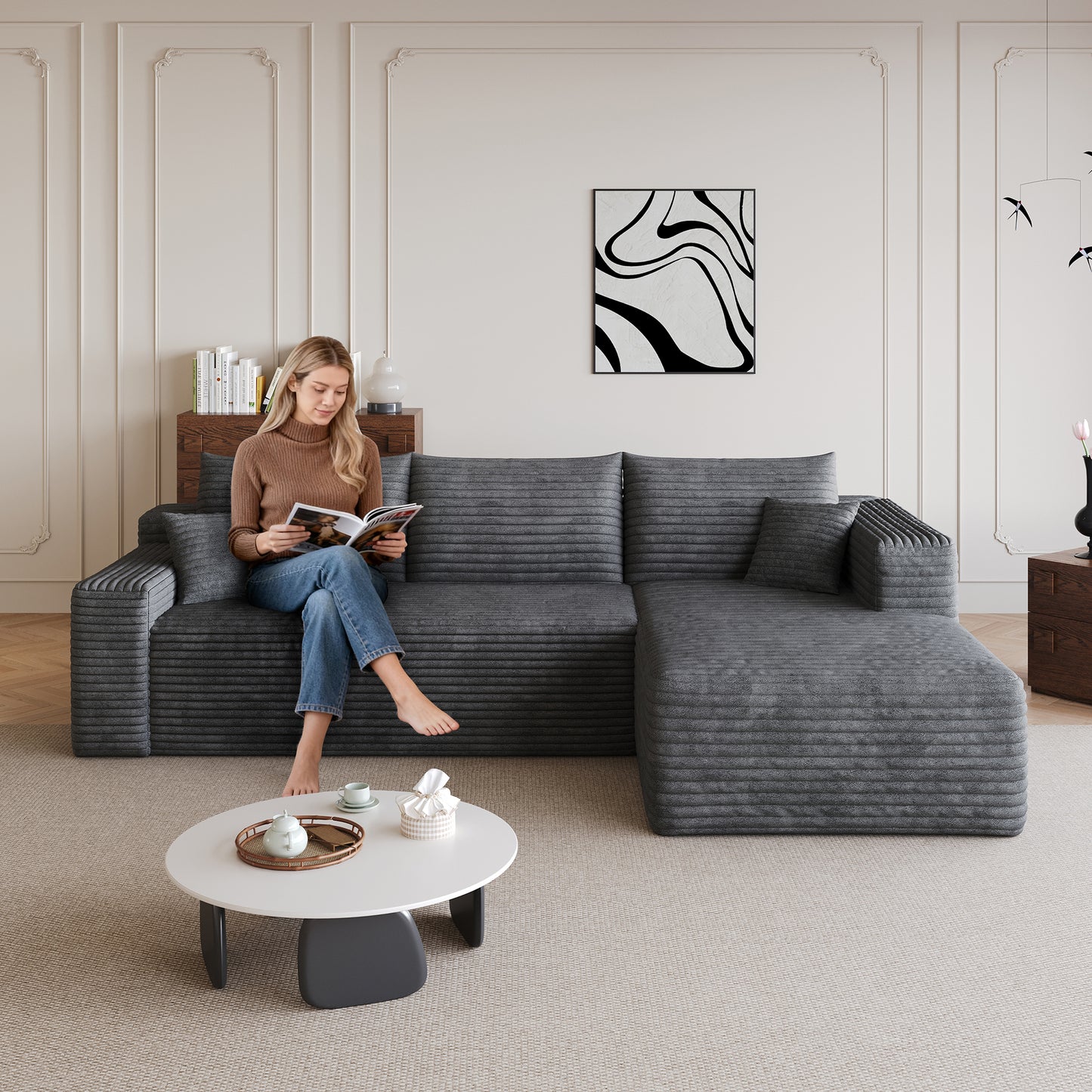 95  Cloud Sectional Sofa,Modern Minimalist Upholstered Couches, Comfort U Shaped Sofa For Living Room,Deep Seat Corner Couch,No Assembly Required,Dark Grey   Plush Corduroy Fabric