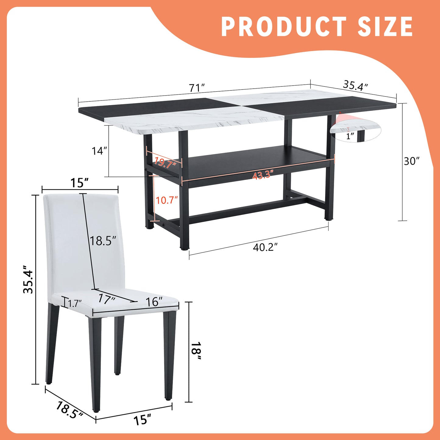 Table And Chair Set.71x35.4 Inch White And Black Spliced Dining Table With Storage Function In The Middle Of The Table Legs.Paired With 8 White PU Dining Chairs, Simple And Versatile.