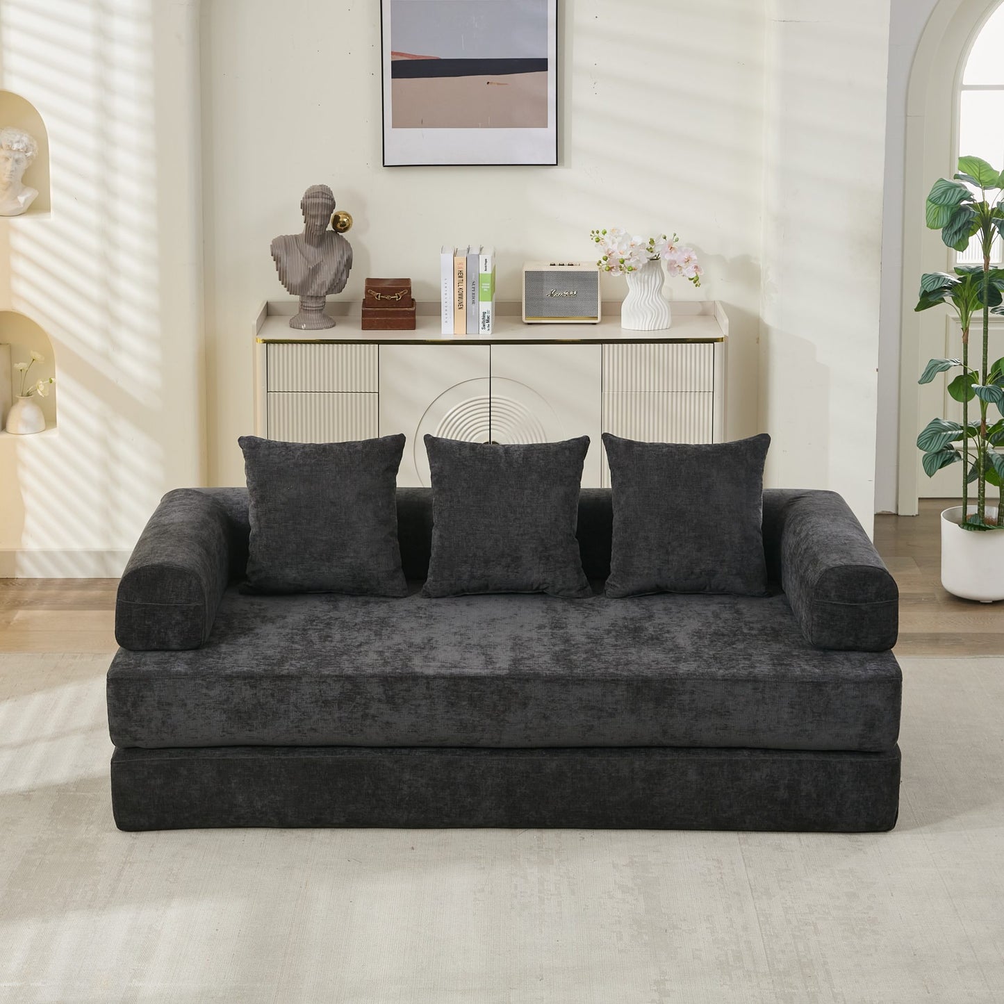 Comfy Convertible Folding Mattress Couch, Floor Sofa Bed, Chenille Floor Sofa With Armrest, Floor Sofa Lounge Couch For Living Room Bedroom Lounge Studio-Black