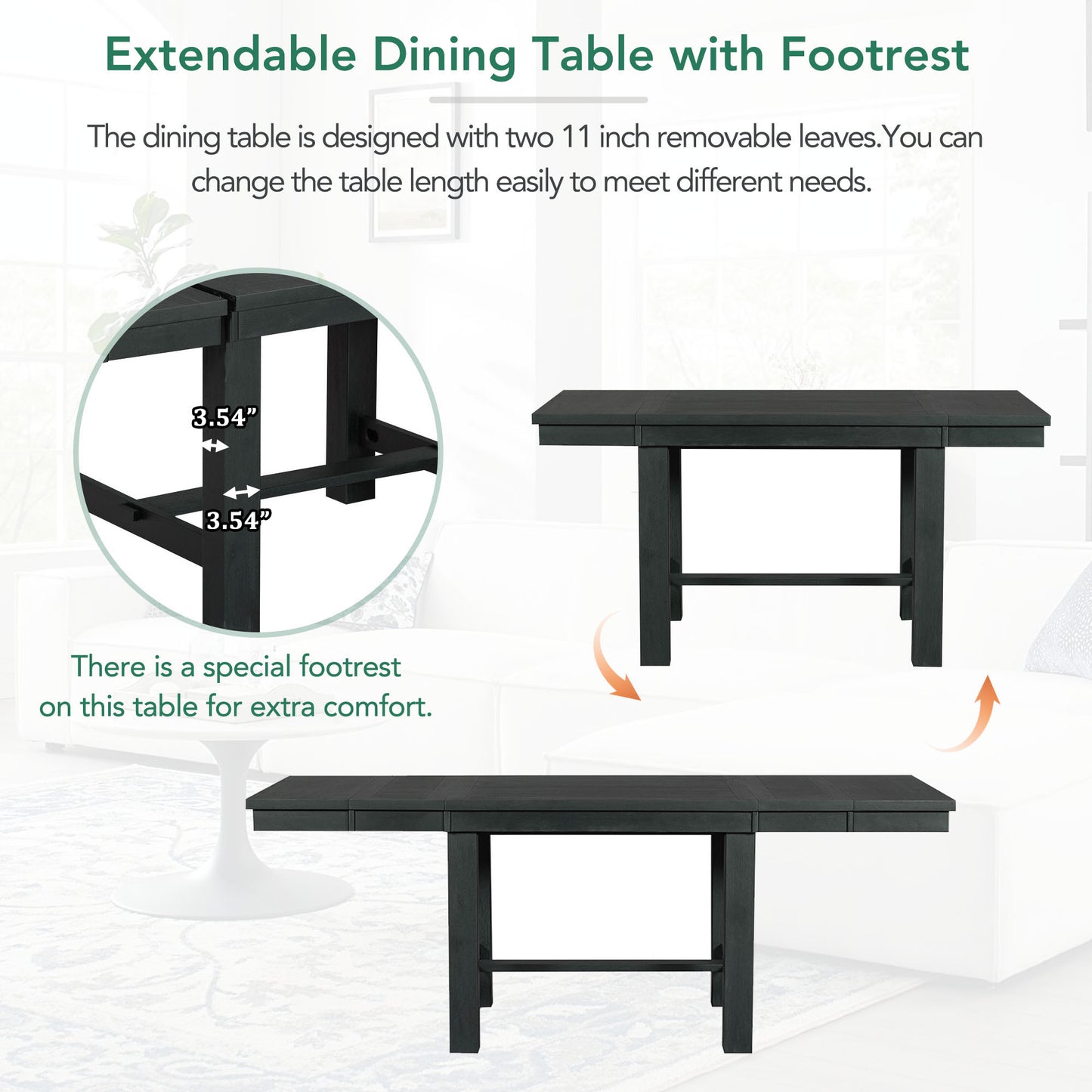 TOPMAx Farmhouse 82inch 6- Piece Extendable Dining Table With Footrest  4 Upholstered Dining Chairs And Dining Bench  Two 11 Removable Leaf  Black Beige Cushion