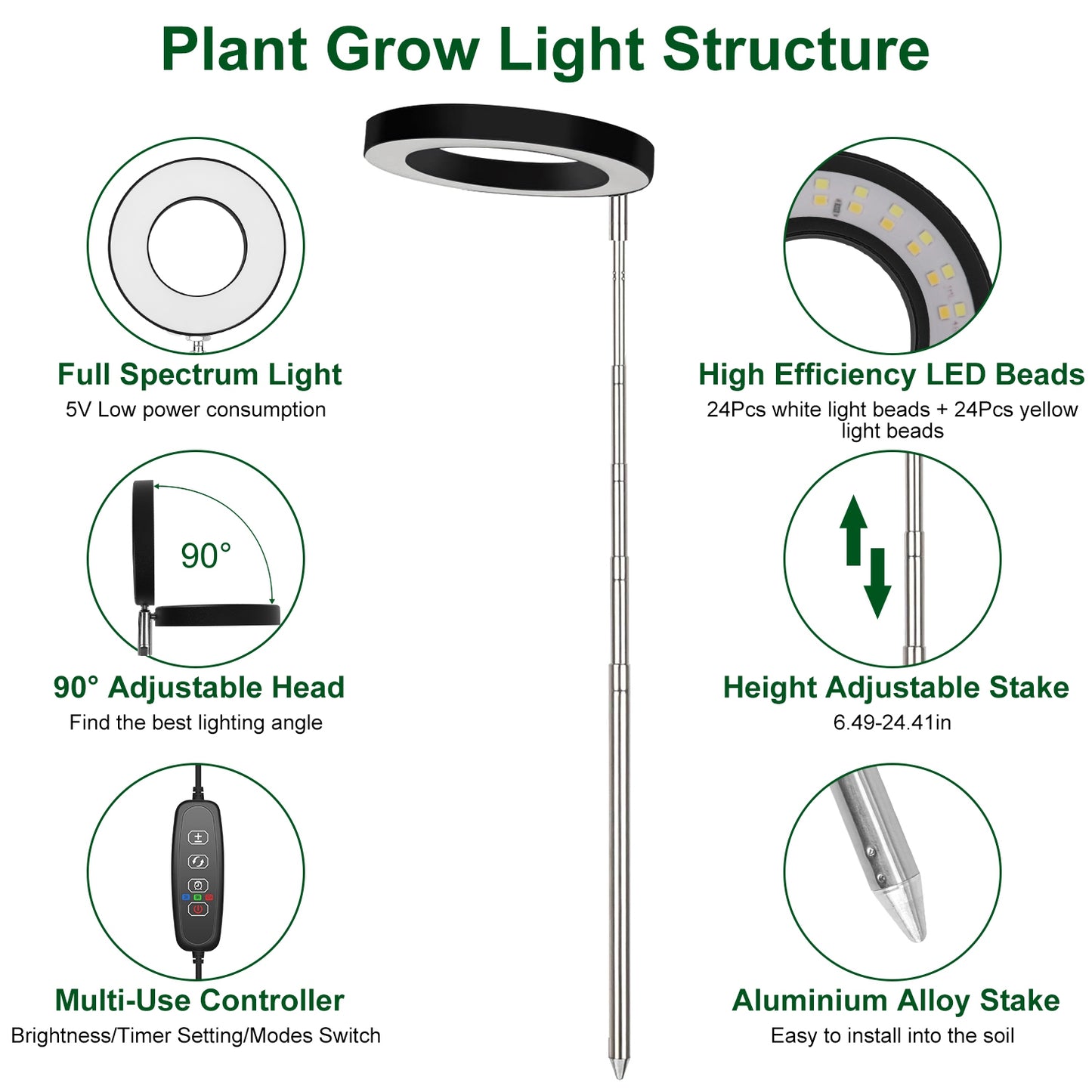 1Pc Plant Grow Light LED Full Spectrum Circle Growing Lamp With 3-9-12Hours Auto Timer Setting 9 Dimmable Brightness Height Adjustable For Indoor Plants