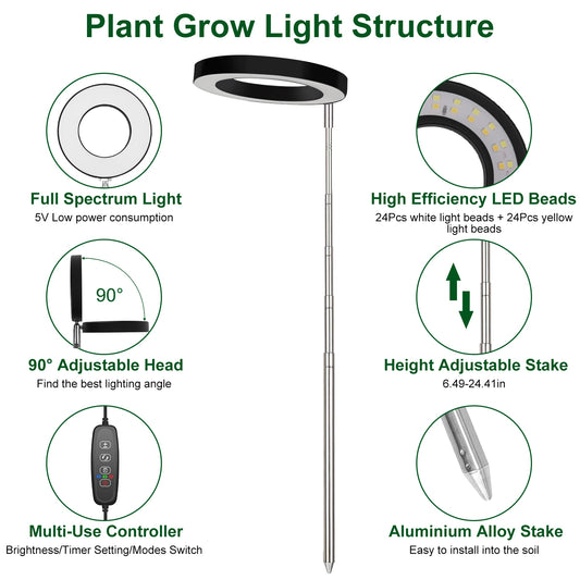 1Pc Plant Grow Light LED Full Spectrum Circle Growing Lamp With 3-9-12Hours Auto Timer Setting 9 Dimmable Brightness Height Adjustable For Indoor Plants