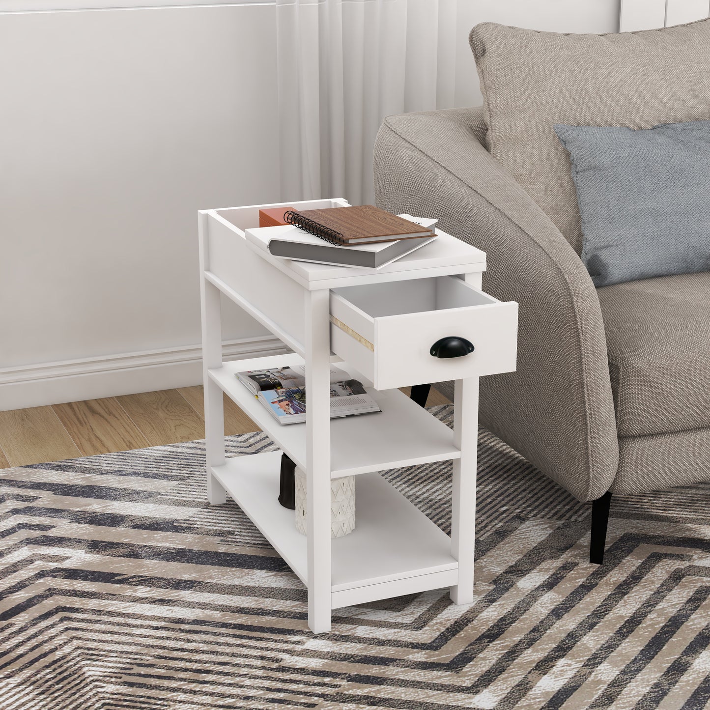 Narrow Sided Table With Drawers And Bottom Partition In Flip Over Design -White