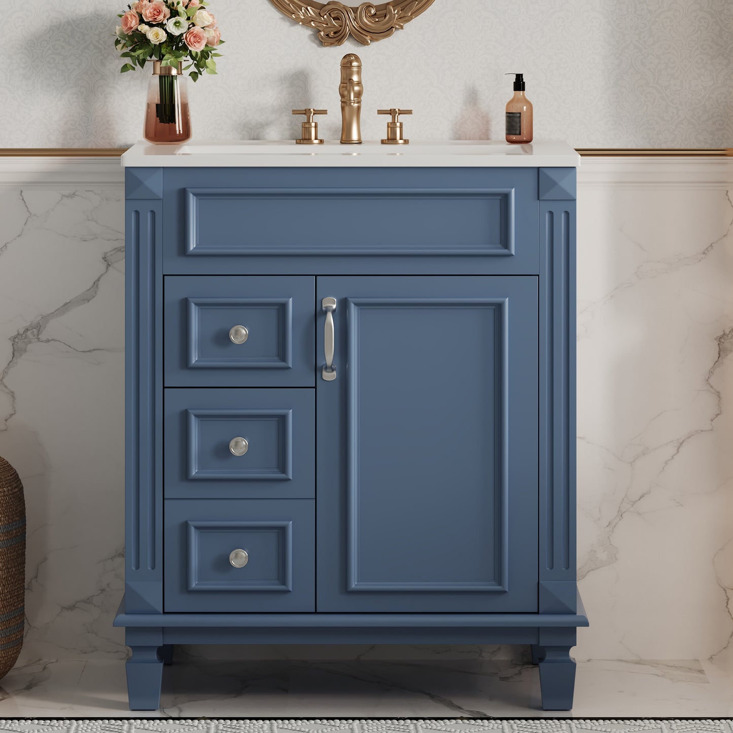 24   Bathroom Vanity With Ceramic Sink, Small Bathroom Sink Cabinet, Modern Cabinet With 2 Drawers And Adjustable Shelf