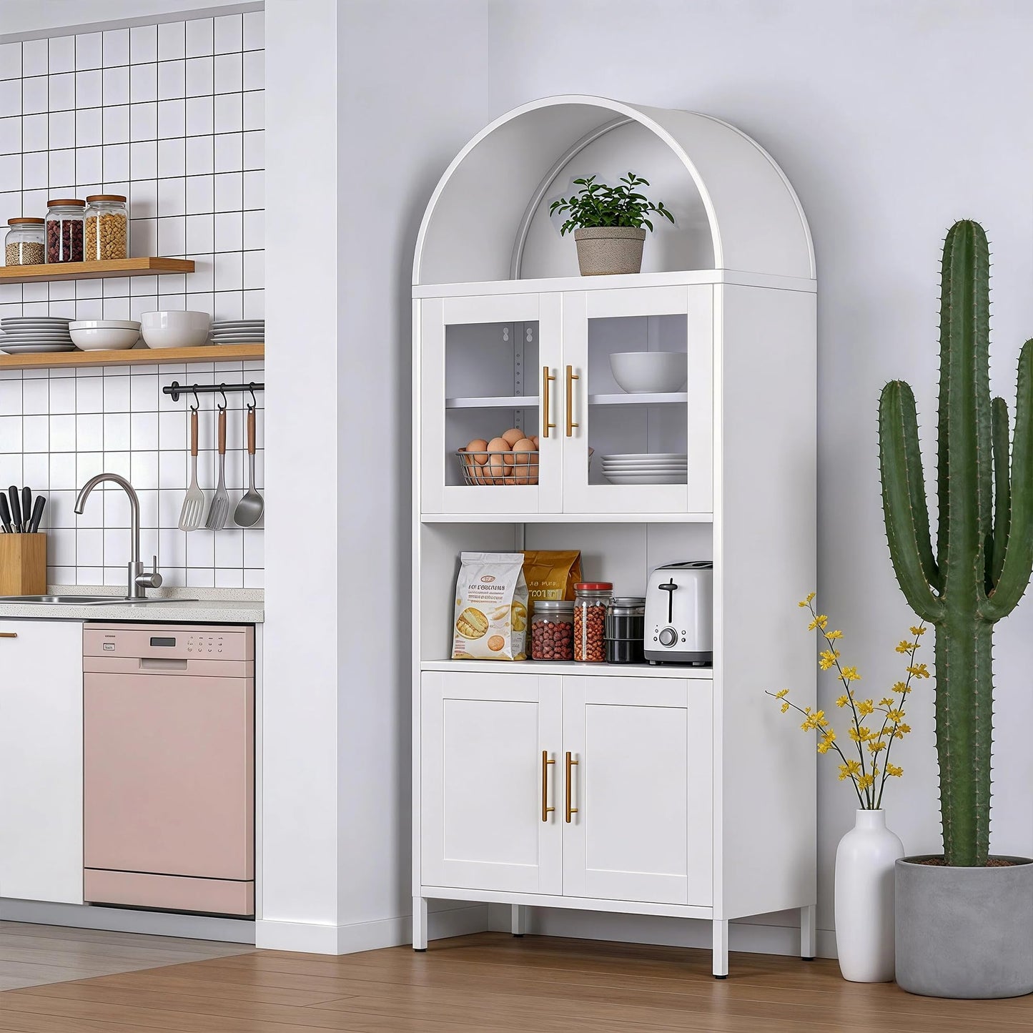 73inch Tall Arched Kitchen Pantry Cabinet With Doors, Metal Arched Hutch Cabinet For Kitchen, Dining Room, Living Room, Assembly Required, White