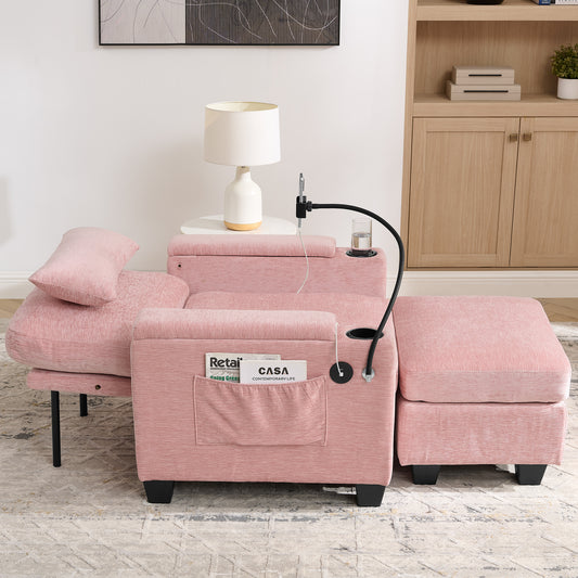 Single Sofa Recliner With Manually Adjustable Backrest, USB Charging Port On The Armrest Side, Phone Stand Included, Hidden Armrest Storage, And A Matching Storage Ottoman-Pink