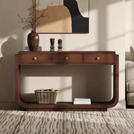 Classic-Style Console Table, 3 Storage Drawers, Display Shelf, Curved Legs, Painted Finish, Entryway Hallway Living Room, Walnut