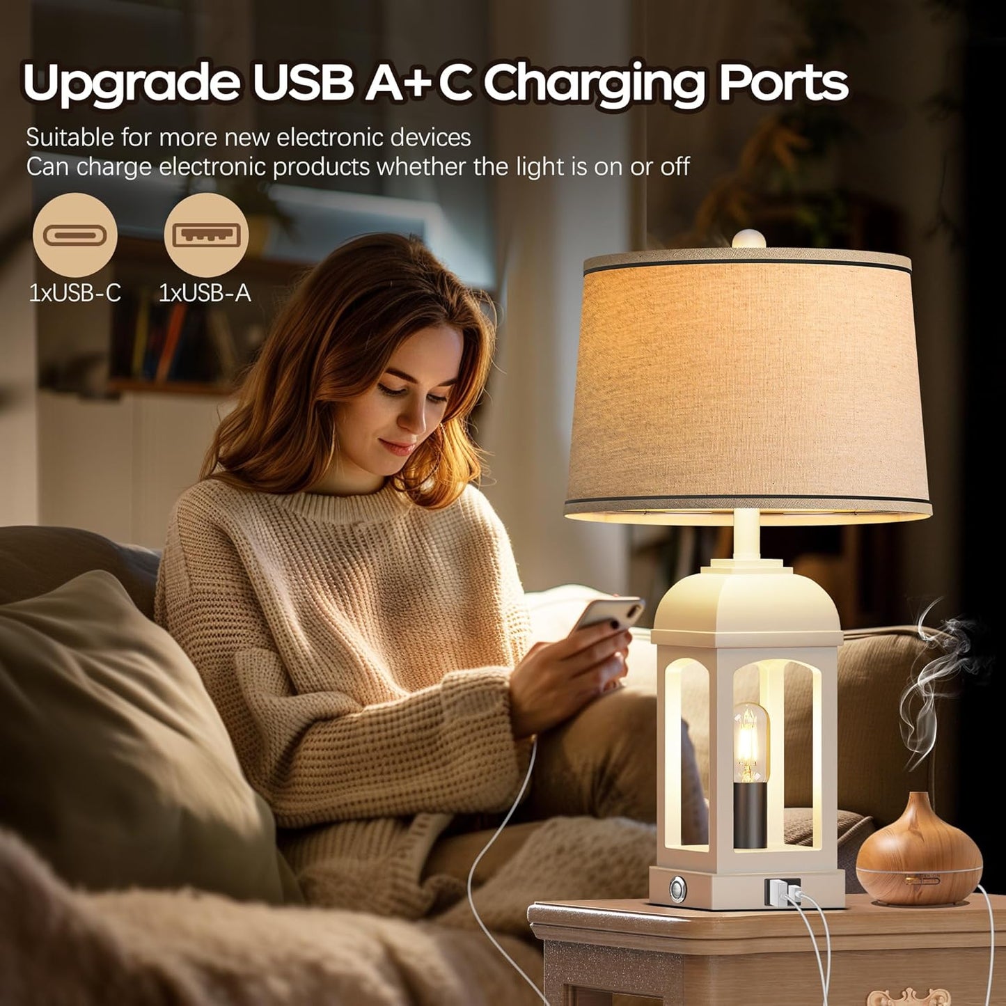 Table Lamp For Living Room, Farmhouse Lamps Set Of 2 With USB A C And Nightlight, 26  Rustic Bedside Lamps With 3-Way Dimmable, Touch Nightstand Lamp For Bedroom, White