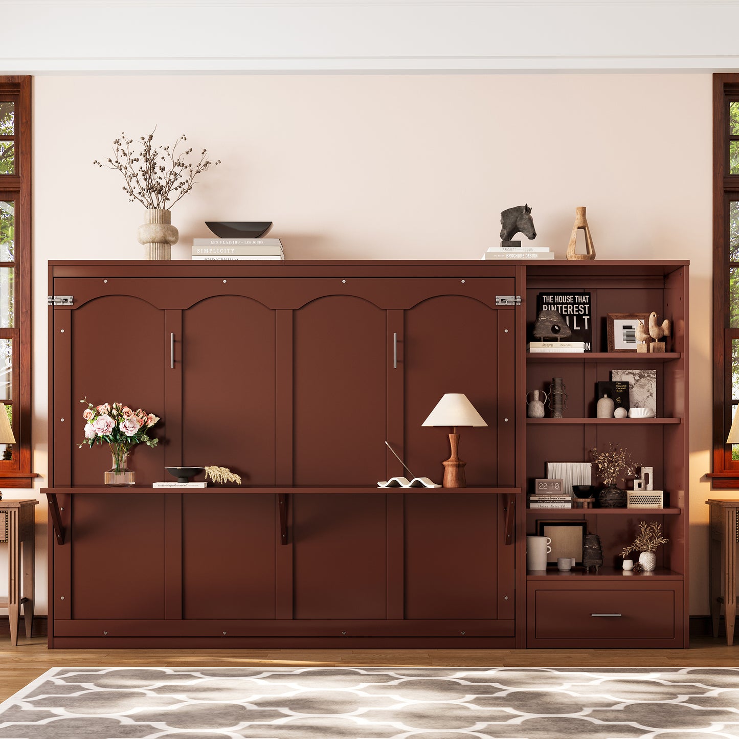 Queen Size Murphy Bed With Height Adjustable Storage Compartments And Shelf, Wall Bed Frame With 1 Drawer, Multifunctional Foldable Platform Bed For Bedroom,Guest Room, Walnut OLD SKU N733S309223D