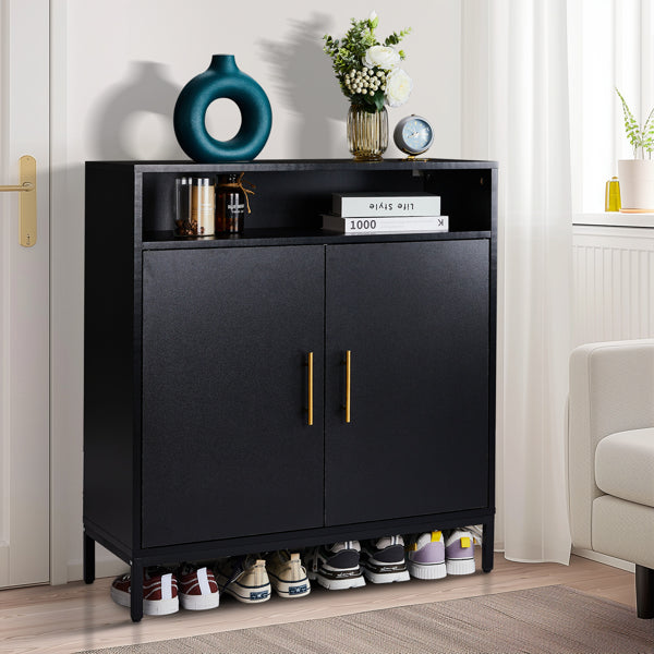 Double Door 6-Layer Shoe Cabinet With High Foot LED Lights Particle Board 80x38x90cm Black