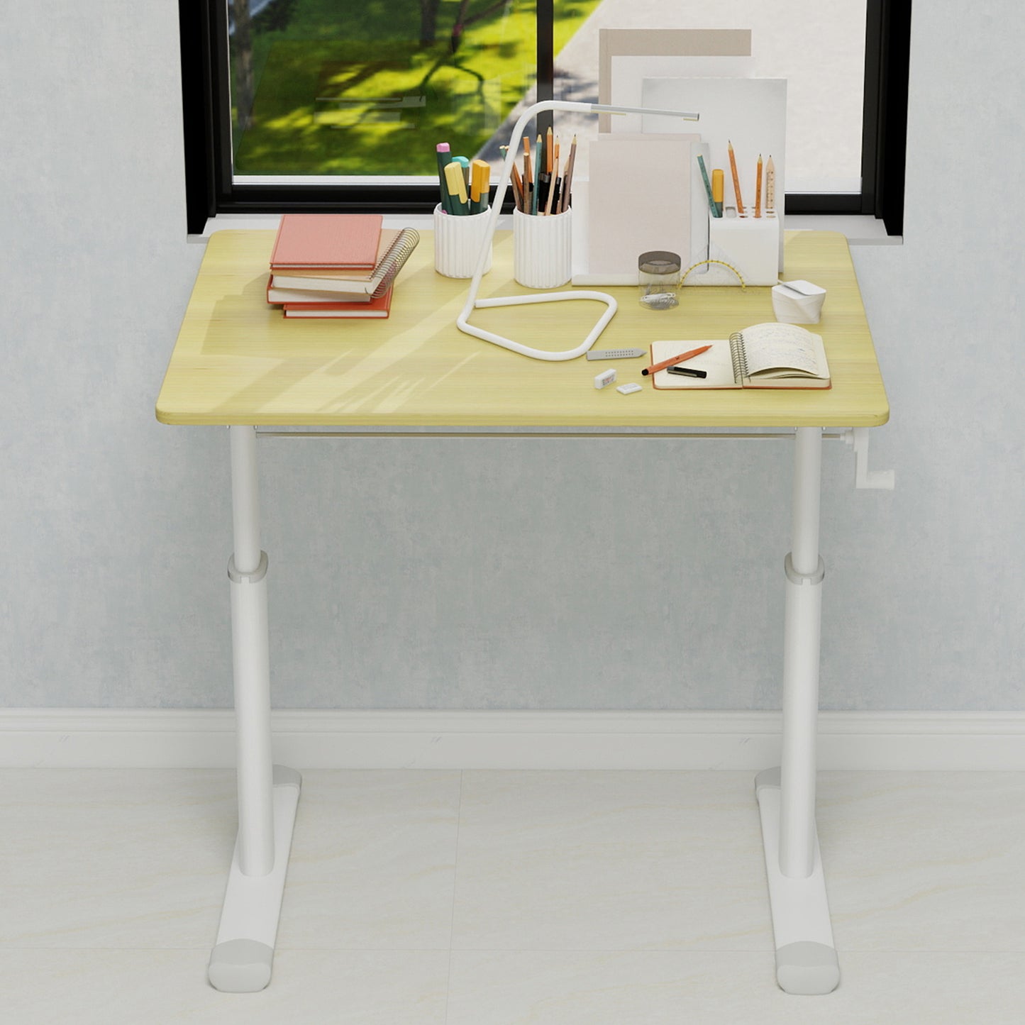 Adjustable Study Desk Suitable For Children And Adults, Height-adjustable, Multifunctional Home Office Desk, Compact Design, Desktop Dimensions 60cm X 80cm, White Frame With Natural Wood-colored Tabl