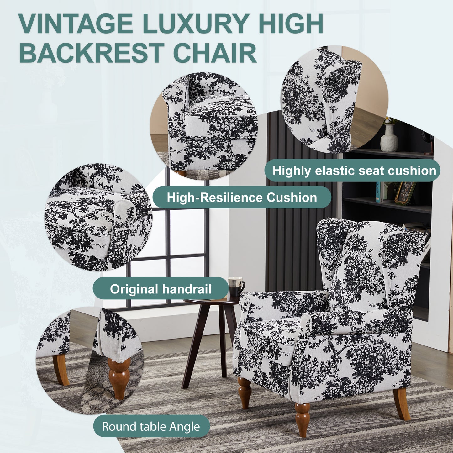 Coffee Table & Armchair Set,Vintage Luxury Style,a High-back Reading Chair  Antique White Gray &a Solid Wood Coffee Table Walnut-Tone,suitable For Living Rooms And Bedroom Relaxation Areas