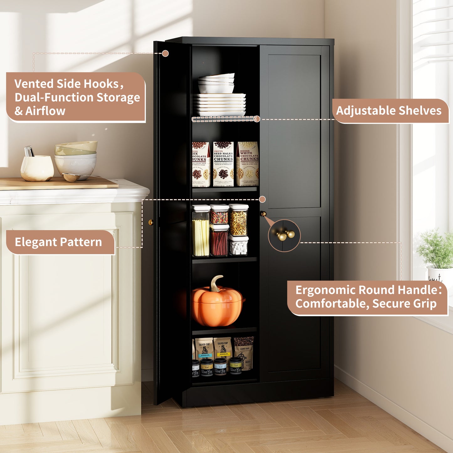 61  Black Metal Kitchen Pantry Cabinet Adjustable Storage With 4 Shelves  110lb Capacity , Heavy Duty Freestanding Pantry Organizer For Kitchen, Pantry, Living Room