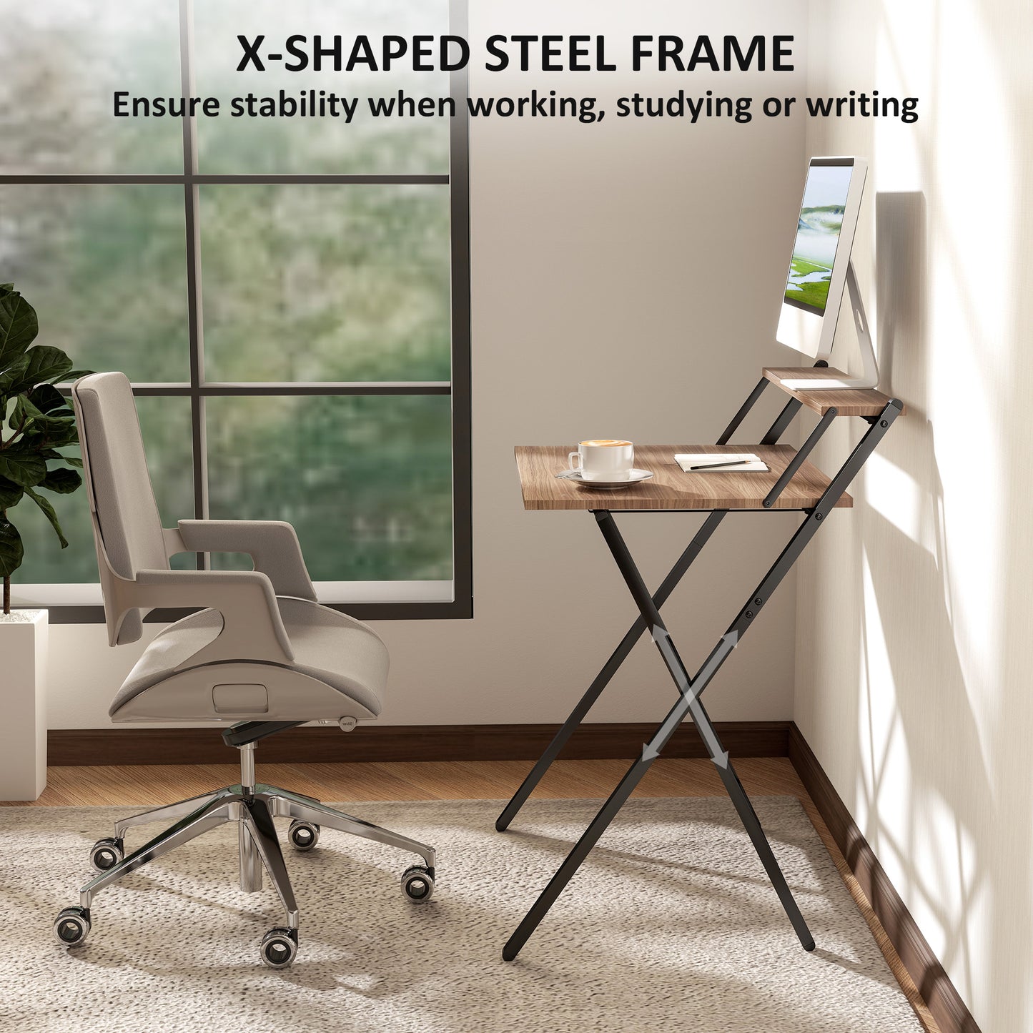 Folding Computer Desk, 27.6 Foldable Desk With Monitor Shelf For Small Space, Home Office, Study, Easy Assembly, Walnut