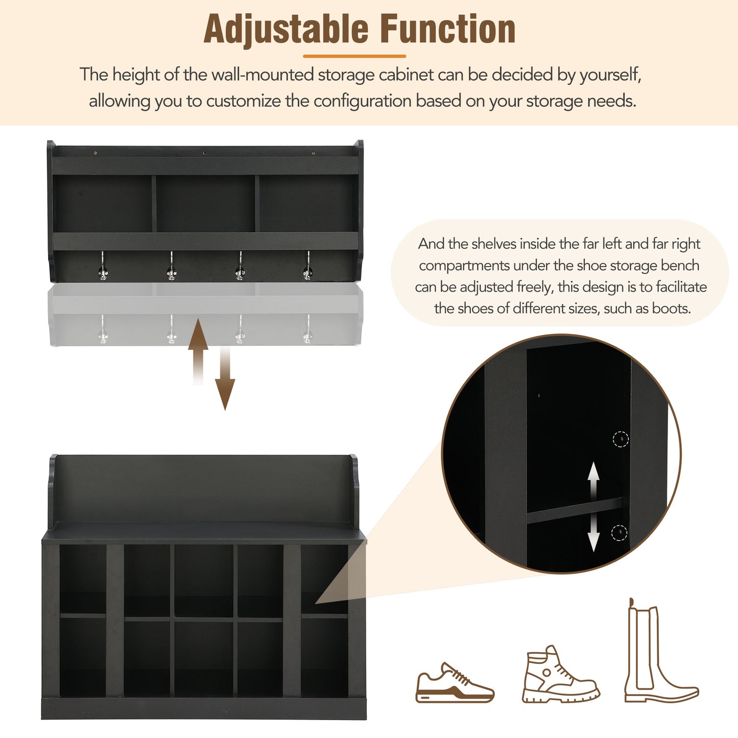 ON-TREND Shoe Storage Bench With Shelves And 4 Hooks, Elegant Hall Tree With Wall Mounted Coat Rack, Entryway Organizer For Hallway, Foyer, Mudroom, Black
