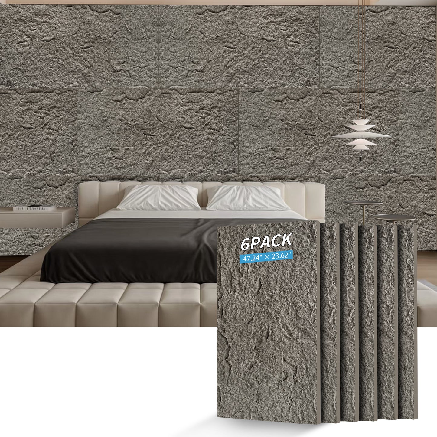 3D Faux Stone Wall Panels, 6 PCS PU Wainscoting Panel For Interior Wall Decor, Flame-resistant & Lightweight & Waterproof, For TV Wall, Office, Living Room,  47.24  X 23.62  Stone Skin  Charcoal Grey