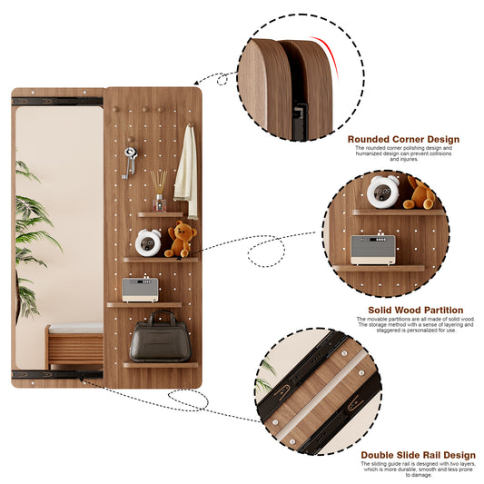 47.6 X 15.7 Inch Multi-functional Design Panel Wall-mounted Full-length Mirror, Space-saving, Can Be Pushed And Pulled. Suitable For Bedroom Living Room Entrance   Walnut