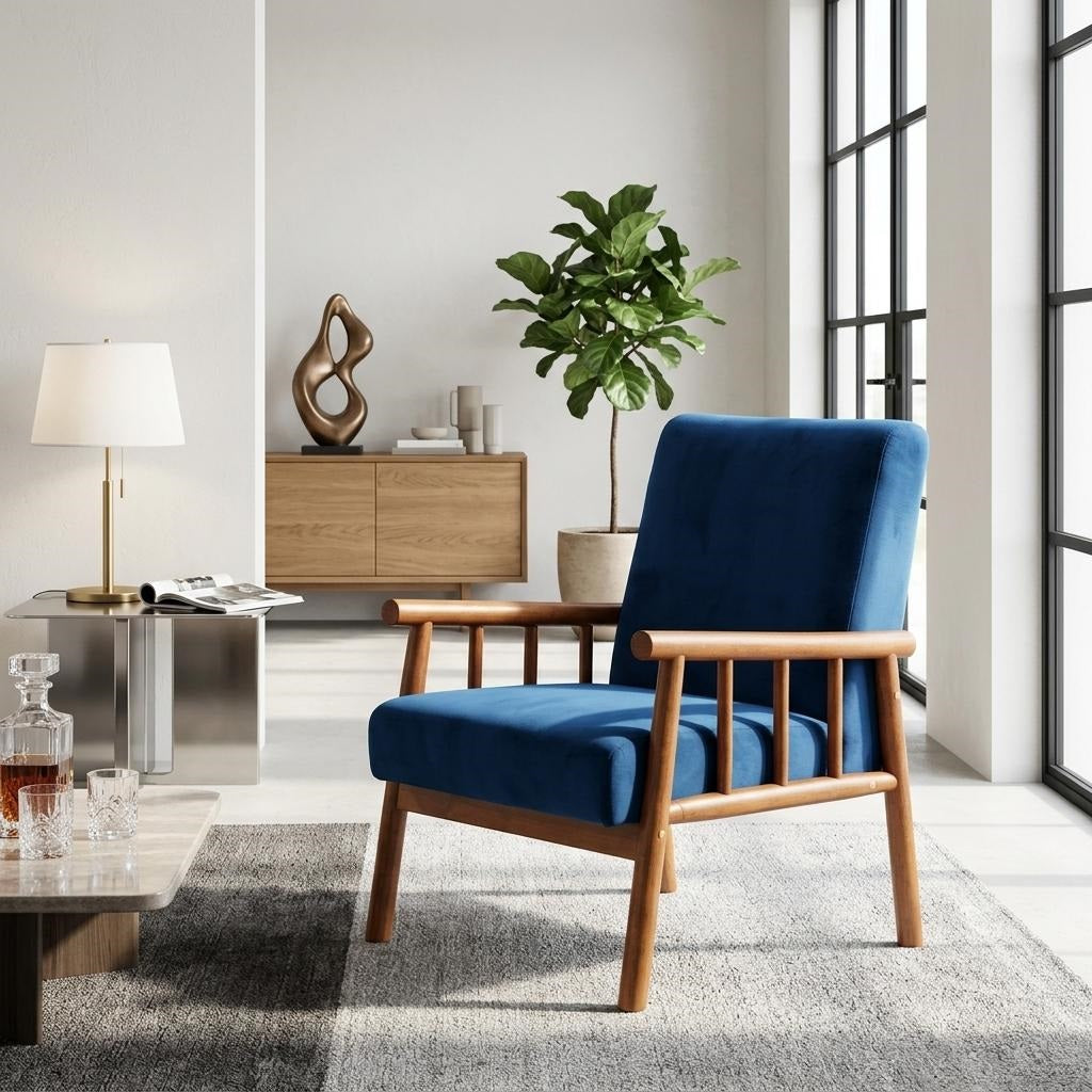 25     Wide Classic Mid-Century Modern Arm Chair, Dark Blue