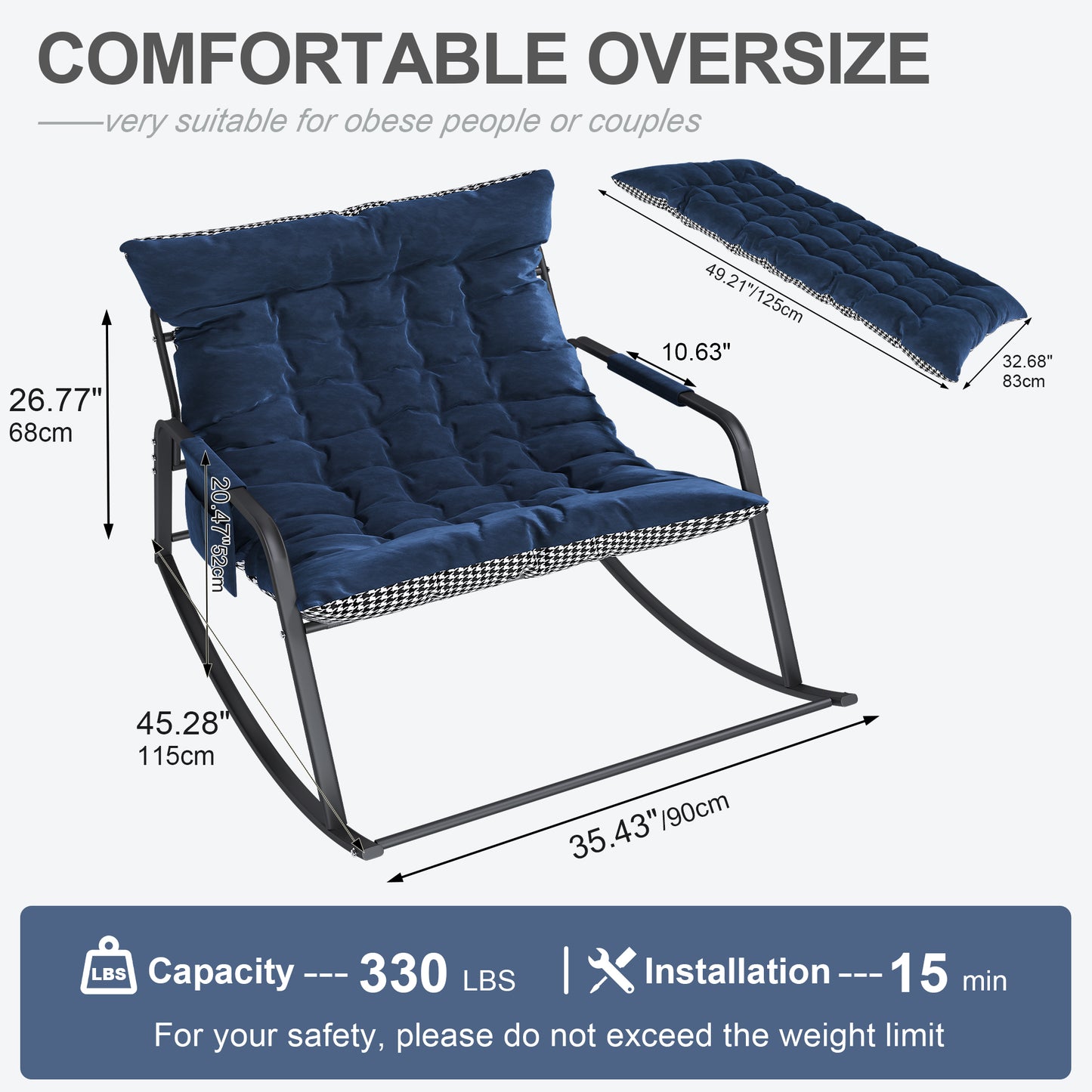 Rocking Chair With Storage, Cushions & Armrests, All-Season Comfort Lounge Recliner, Breathable Ergonomic Lounge Chair For Bedroom, Living Room, Patio, Garden Blue