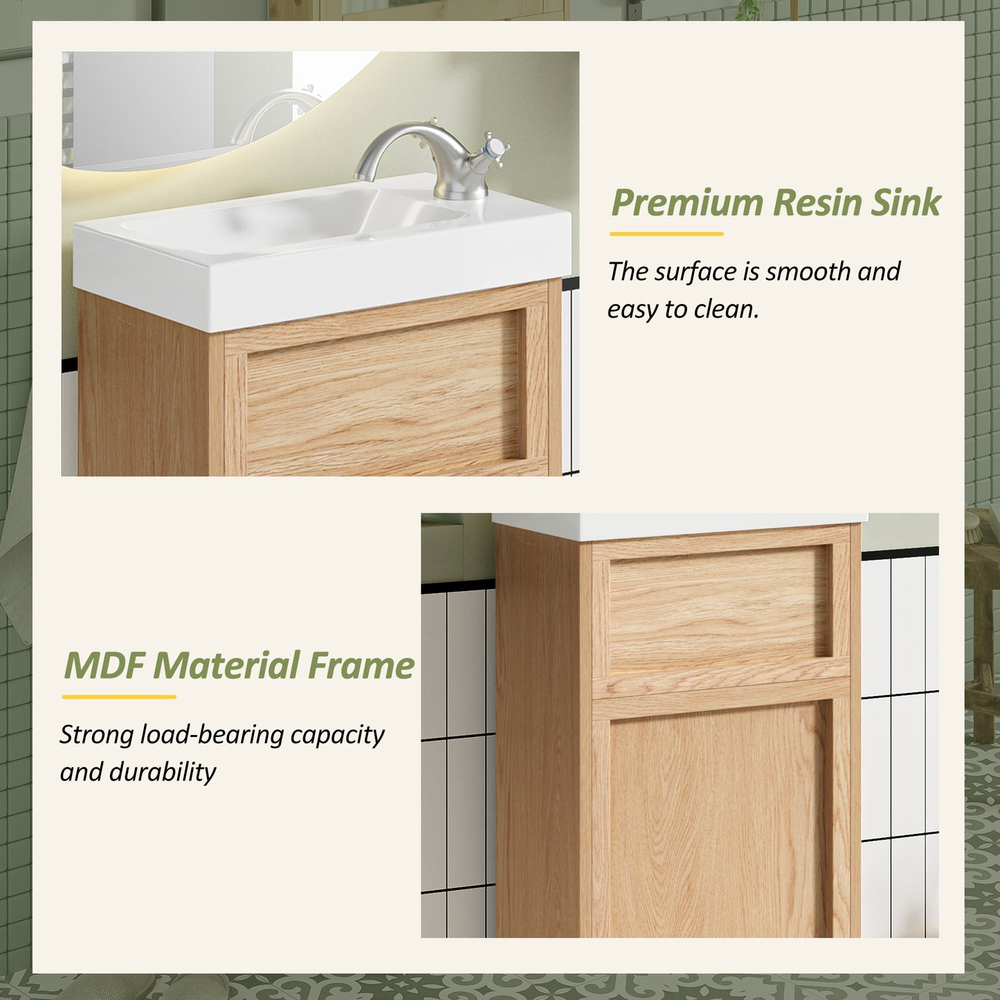 15.75  Bathroom Vanity With Reversible Resin Sink, MDF Cabinet With Adjustable Shelf And Push-to-Open Door, Wood Grain Melamine Finish, Reversible Door, Rustic Style For Small Spaces