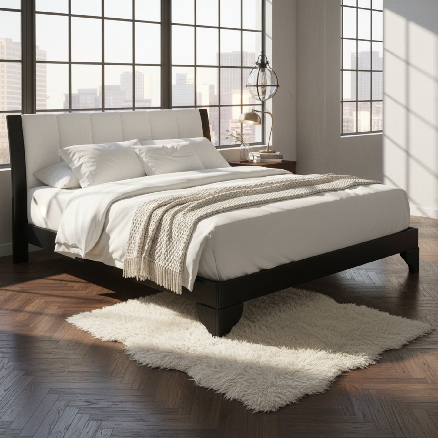 Queen Size Bed Frame Black White Pine Manufactured Wood 82.7x 69.7 6-8 Mattress 500 Lbs No Box Spring Modern Bedroom Furniture