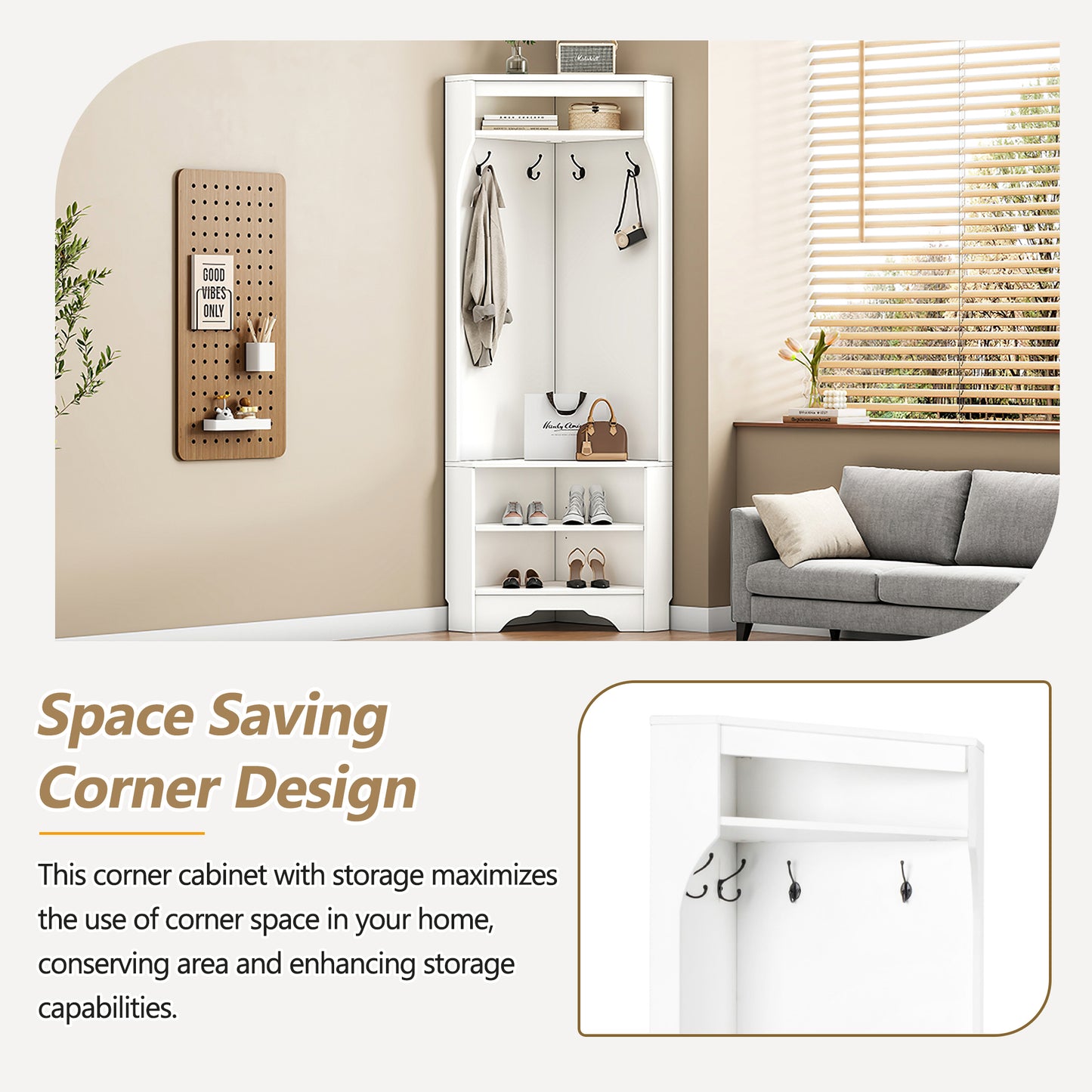 Minimalist Corner Hall Tree With Shoe Bench, Versatile Entryway Coat Rack With 4 Hooks, Corner Cabinet With Adjustable Shelf For Hallway, Living Room, White, 29.5'Wx71.6H